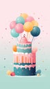 Illustration of large decorated birthday cake attached to multi-colored balloons
