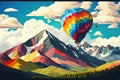 An illustration of a large multi-colored balloon flying over the mountains. Generative AI Royalty Free Stock Photo