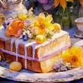 Illustration of a large piece of sponge cake beautifully decorated with flowers and berries.