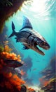 illustration of a large predatory prehistoric fish in the depths of the ocean