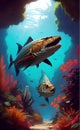 illustration of a large predatory prehistoric fish in the depths of the ocean