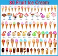 large set of different types of fruit and chocolate ice cream