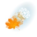 Illustration of late autumn, the last leaves smoothly transition into snowflakes