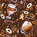 Seamless pattern with different coffee drinks and sweets on dark background. Royalty Free Stock Photo