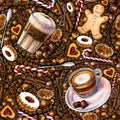 Seamless pattern with different coffee drinks and sweets on dark background. Royalty Free Stock Photo