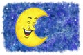 illustration of laughing cartoon moon in watercolor night sky