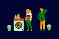 Illustration of a Laundry room. Cartoon concept of a Laundry service with a washing machine, two people and dirty Royalty Free Stock Photo