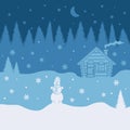 Illustration with layers, forest, house, snowman and starry sky.