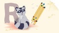 Illustration layout banner of the English alphabet for learning the alphabet letter R raccoon on a sheet of paper with colored