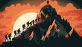 illustration Leader leads his men to the top of the mountain and reach the goal