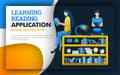 Illustration of learning reading application. students read above the bookshelf. reading improves quality education and learning s Royalty Free Stock Photo