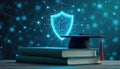 Illustration of learning security featuring stacked books graduation cap shield network. Digital protection education knowledge Royalty Free Stock Photo