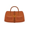 Leather women handbag. Casual brown bag with two small pockets and belt. Female accessory. Cartoon vector design