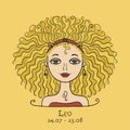 Illustration of Leo zodiac sign. Element of Fire. Beautiful Girl Portrait. One of 12 Women in Collection For Your Design