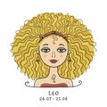 Illustration of Leo zodiac sign. Element of Fire. Beautiful Girl Portrait. One of 12 Women in Collection For Your Design