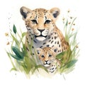 Illustration of a leopard family with flowers on a white background.