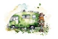 Illustration of a leprechaun with his green travel trailer