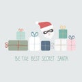 Vector illustration Lettering Be the best Secret Santa. Gifts with Santa in mask. Anonym is giving present his collegues