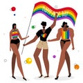 The LGBTQ group african american man and woman celebration pride day, LGBT parade. The have got rainbow flag. The