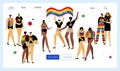 The LGBTQ group, woman and man in rainbow clothes with flag celebrations international PRIDE DAY, LGBT parade. The