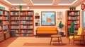 Illustration of a library room with many book and bookshelves and sitting area