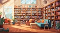 Illustration of a library room with many book and bookshelves and sitting area