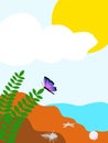 Illustration of life on the beach with butterfly sun shine plant and some seashell