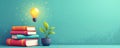 Illustration of lifelong learning, growth, featuring stack of colorful books, sprouting plant, glowing lightbulb overhead. Visual Royalty Free Stock Photo