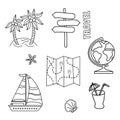 Illustration for lifestyle design. Travel set of doodles. Outline symbol collection. Globe, cockleshell, navigation