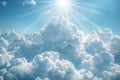 Illustration of  light blue sky with white clouds and rays of shining through, a heavenly background with godrays creating a Royalty Free Stock Photo