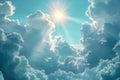 A light blue sky with white clouds and rays of shining through, a heavenly background with godrays creating a heavenly scene. Royalty Free Stock Photo