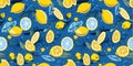 Illustration of light blue and yellow lemons on a dark blue background. Ripe lemons and lemon slices banner. Food background in Royalty Free Stock Photo