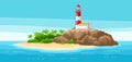 Illustration of lighthouse on rocky coast. Landscape with ocean, palm trees and rocks. Travel background