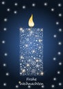 Illustration of a lighting candle made of snowflakes and Merry Christmas text on blue background