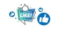 Illustration of like text with thumbs up and speech bubble icons over white background, copy space