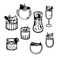 illustration, line art set of glasses with cocktails, alcohol, icons Royalty Free Stock Photo