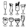 illustration, line art set of glasses with cocktails, alcohol, icons Royalty Free Stock Photo