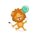 Illustration of lion cartoon character walking with blue balloon in paw. Adorable colorful children print for t-shirt or Royalty Free Stock Photo