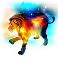 Illustration of a lion on a colored background with stars and space AI generated Royalty Free Stock Photo