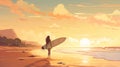 Illustration Of Lisa Andersen Carrying Surfboard In Subtle Earthy Tones