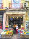 Illustration of Lisbon traditional fruit vegetable store in downtown Alfama