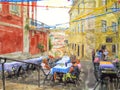 Illustration of Lisbon traditional restaurant in town district names Chiado