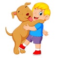 A little boy is playing and holding his big dog Royalty Free Stock Photo