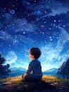 Illustration of a little boy sitting on a hill under the starry sky