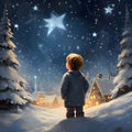 Illustration of a little boy in a winter landscape looking at the stars in the night sky. The Christmas star as a symbol of the Royalty Free Stock Photo