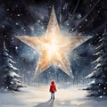 Illustration of a little boy winter landscape at night looking at a giant star. The Christmas star as a symbol of the birth of the