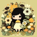 illustration of a little cartoon girl in flowers. Vector illustration for your design