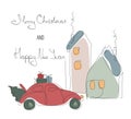 Merry Christmas lettering and vector iIllustration retro red car carry tree and gift, near nordic house. The happy