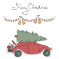 Vector retro red car carry tree, gift and Merry Christmas lettering. The happy winter time iIllustration in one line