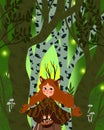 Illustration of a little fantasy nymph with green hair and deer horns in a fairy forest.